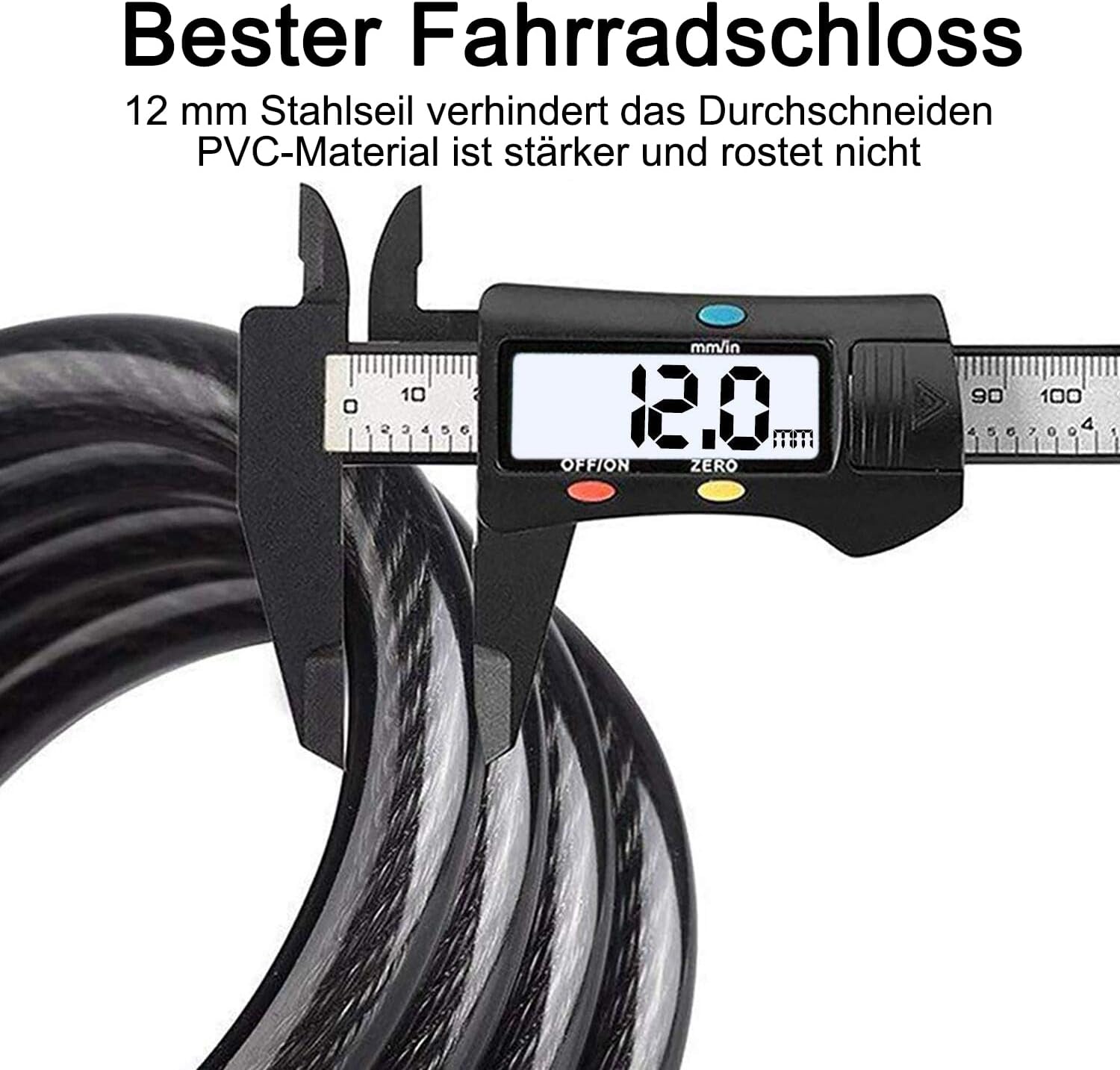 Rehkittz Bicycle Lock, 120 cm/12 mm Cable Lock Very High Security Level with 5-Digit Numeric Code Combination Lock Bicycle Mount Bicycle Lock Number Lock for Bicycle Tricycle Scooter Bike, black – Bild 2