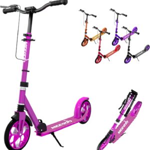 MEE GOO Foldable children’s scooter with shock absorption, height-adjustable handlebars, LED light, double brakes, 8 inch wheels, non-slip deck, up to 100 kg (220 lbs)