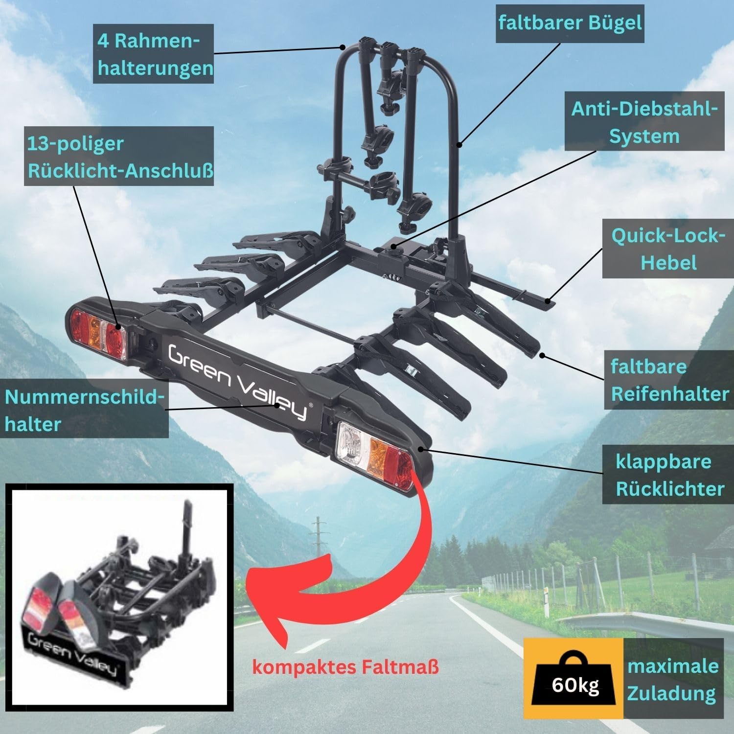 eBike Bicycle Carrier for Towing Hitch Bicycle Rear Carrier Wheel Carrier - Discovery 4 - for 4 Bikes - 60 kg Load - Foldable on Vehicle - Compact Folding Size - – Bild 5