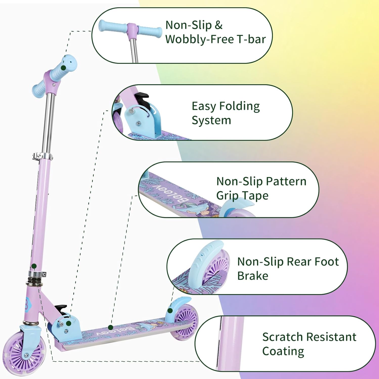 Beleev V2 Scooter Children's Scooter 6 Years, Upgrade with LED Luminous Wheels, Steering Column and Deck, Height Adjustable, Rear Wheel Brake, Foldable Scooter Children 4 Years Girls Boys, 3-12 Years – Bild 6