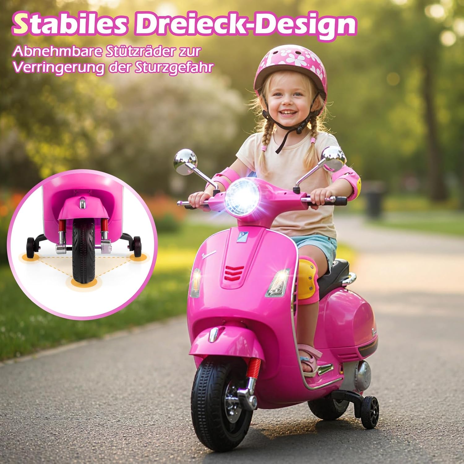 COSTWAY Children's Motorcycle, Electric, Vespa 12 V Motorcycle with LED Headlight and Horn, 2-3 km/h Electric Children's Motorcycle with Stabilisers, Electric Vehicle for Boys and Girls from 3-6 Years (Pink) – Bild 5