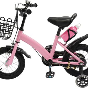 12 Inch Children’s Bicycle for Girls from 2-5 Years, Height-Adjustable Handlebar and Seat, Children’s Bicycle with Stabilisers, Basket and Water Bottle in Pink, Robust Children’s Bicycle for Boys and