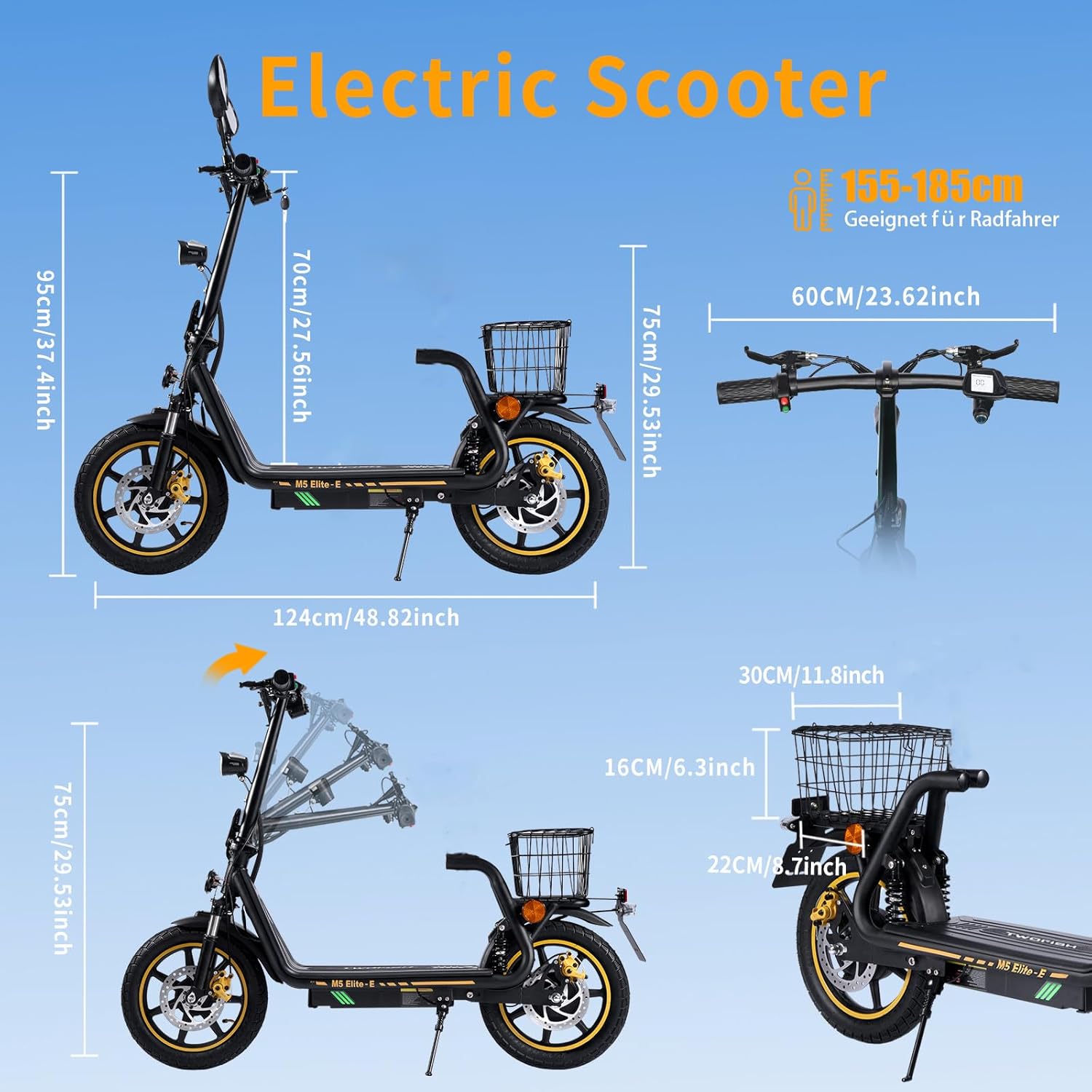 TWOFISH E Scooter with EEC Approval, 500 W Electric Scooter with 48 V 13 Ah Battery, 30 km Range, 14 Inch Tyres, Double Suspension, 3 Speeds, Electric Scooter Adult with LED Display (Black) – Bild 6