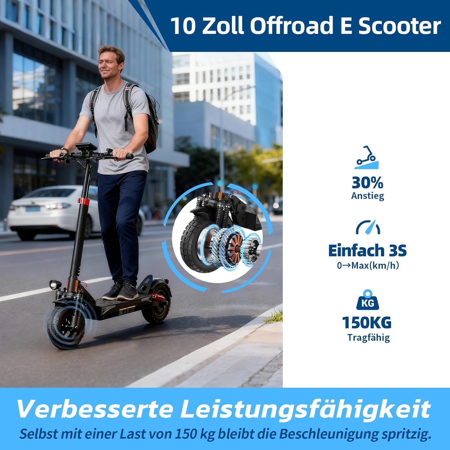 E Scooter mit Straßenzulassung mit Max 70/30KM Reichweite,10/8.5 Zoll Elektroroller mit Komfortable Stoßdämpfer,Faltbarer E Roller Belastung Doppelbremse LED-Licht,APP-Verbindung – Bild 5