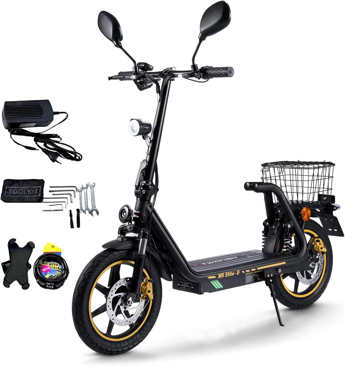 TWOFISH E Scooter with EEC Approval, 500 W Electric Scooter with 48 V 13 Ah Battery, 30 km Range, 14 Inch Tyres, Double Suspension, 3 Speeds, Electric Scooter Adult with LED Display (Black)