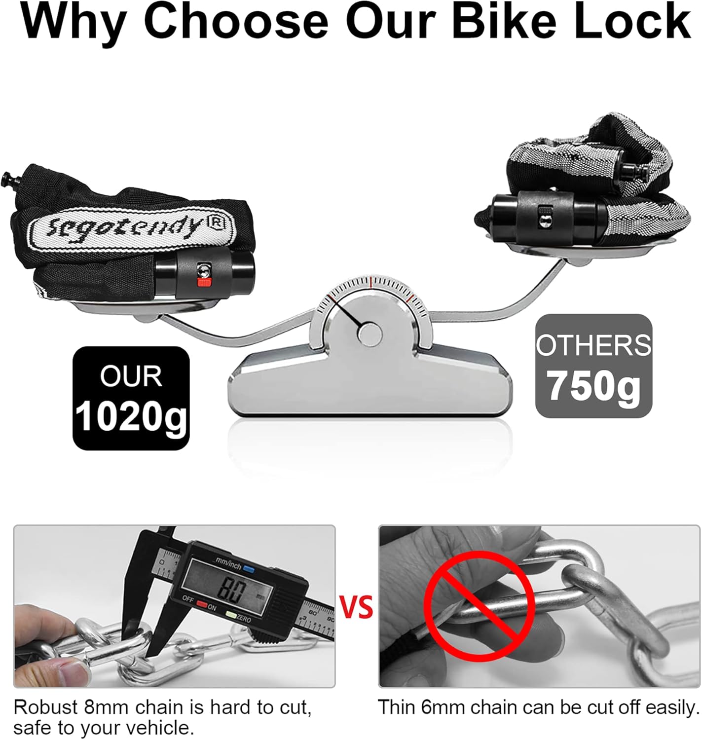 Bicycle Lock, Extremely Robust 8 mm 1020G, Bicycle Lock High Security with Key, Chain Lock, Anti-Theft, Wheel Lock for Bicycle, E-Scooter E-Bike, MTB, Moped, Motorcycle – Bild 3