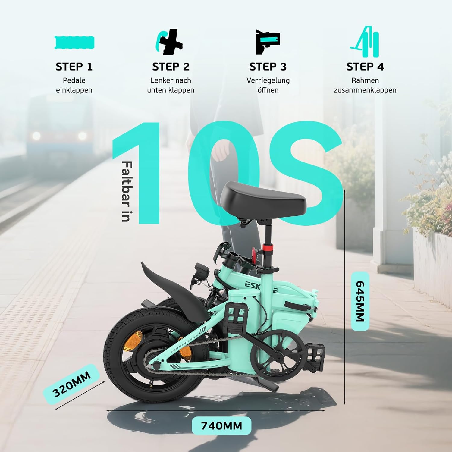 ESKUTE F100 E-Bike Klapprad, 14 Zoll Elektrofahrrad mit USB-Ladeanschluss für Handy, 250W EU-konformes Elektrofahrräder, Integrierter 36V 9Ah Akku, Reichweite bis 25-50KM – Bild 5