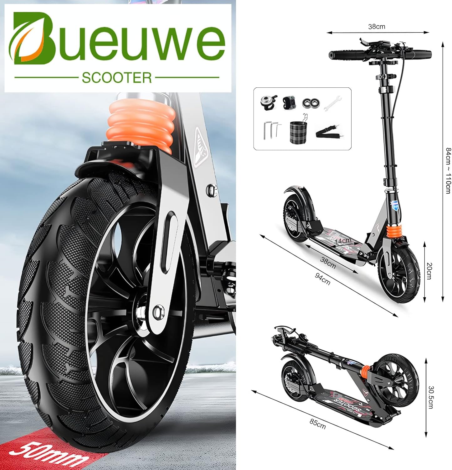 Bueuwe Big Wheel Scooter Adult 150 kg Load Capacity, City Scooter for Adults, Scooter Children 10 Years, City Scooter with Handbrake and Shock Absorber, 4 Height Adjustable, Black – Bild 6