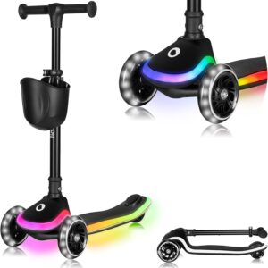 LIONELO MEY Kinder-Balance-Roller ab 3 Jahren bis 50 kg, dreirädriger Kinder-Roller mit Höhenverstellung, rutschfestes beleuchtetes Trittbrett und LED-Räder, Korb