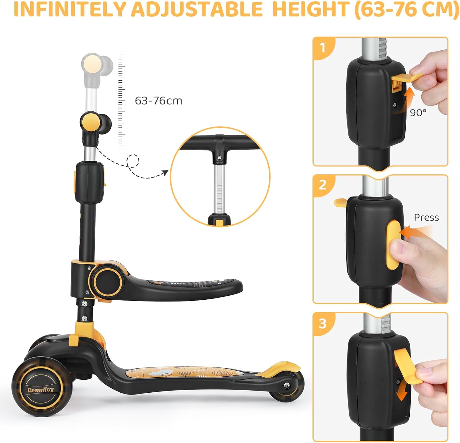BremToy Children's Scooter with Seat, Scooter with LED Wheels, Children's Scooter with Height-Adjustable Handlebar, Foldable Children's Scooter for Children 1-8 Years – Bild 2