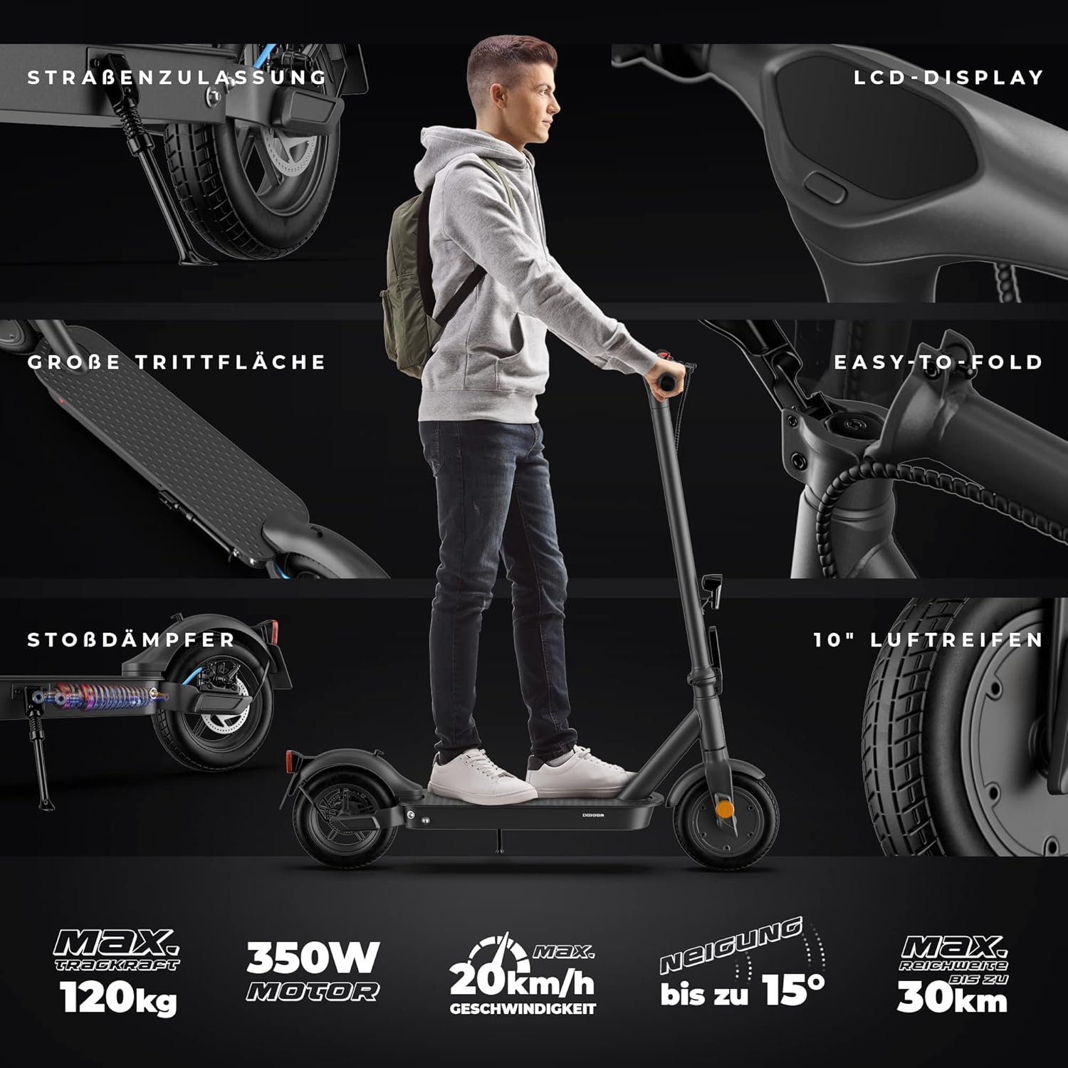 DIGGER ES3 E-Scooter with Road Legal, 350 Watt Motor Power, Pneumatic Tyres, Road Legal, Shock Absorber, Foldable, Disc Brake, for Adults – Bild 6