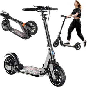 Cityroller klappbar-Tretroller mit 200 mm Luftreifen & Doppelfederung für Erwachsene & Kinder, Höhenverstellbar 84–110 cm, Belastbar bis 150 kg, ABEC-7 Kugellager, Schnellfaltbar Schule