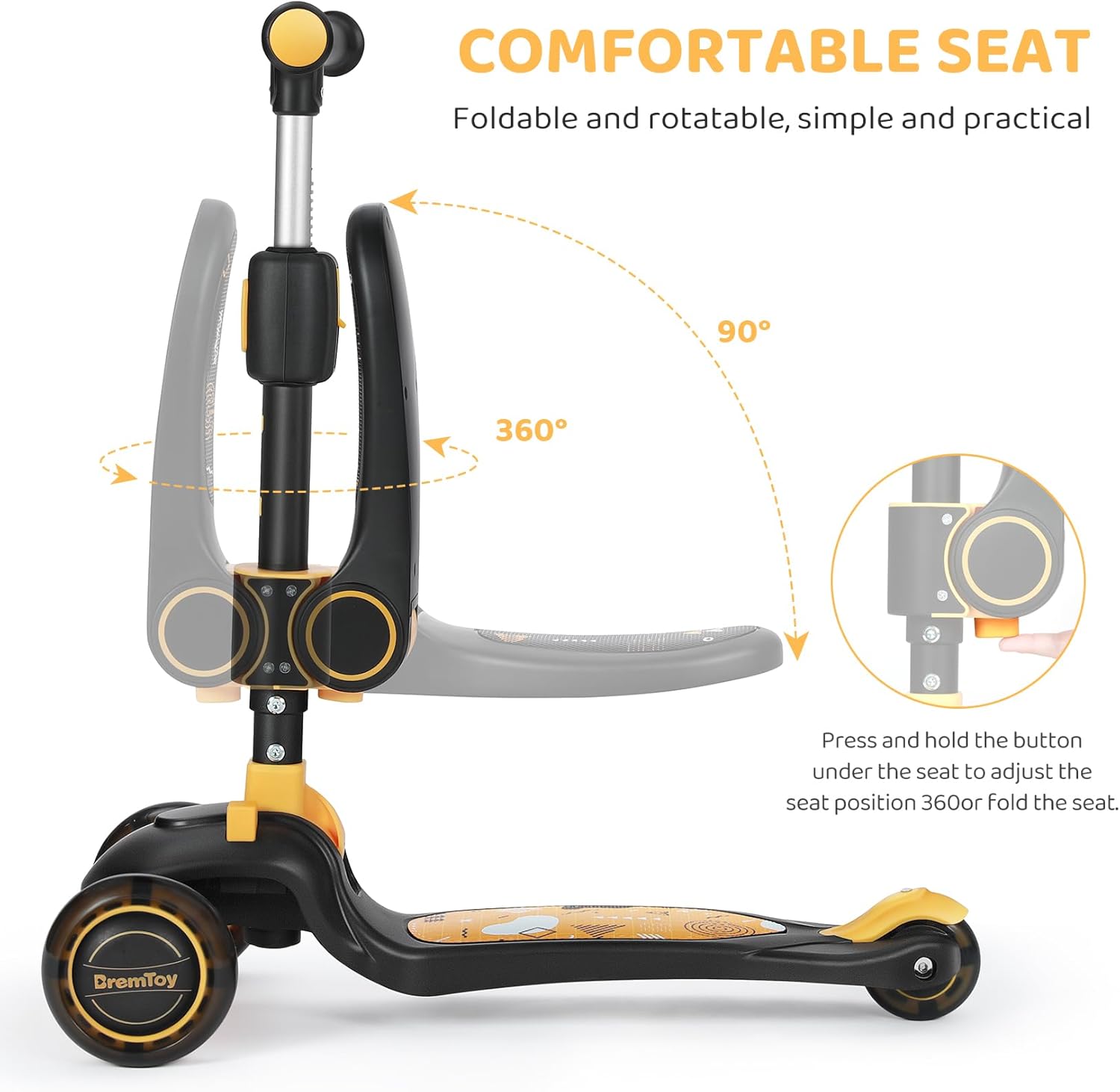 BremToy Children's Scooter with Seat, Scooter with LED Wheels, Children's Scooter with Height-Adjustable Handlebar, Foldable Children's Scooter for Children 1-8 Years – Bild 3