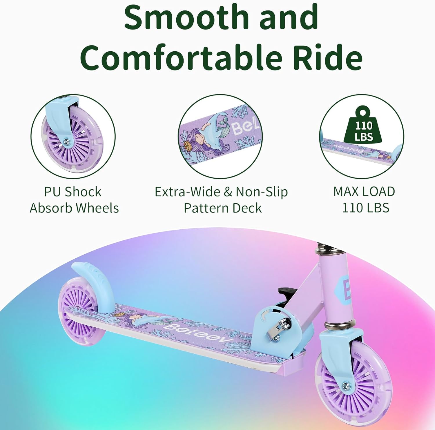 Beleev V2 Scooter Children's Scooter 6 Years, Upgrade with LED Luminous Wheels, Steering Column and Deck, Height Adjustable, Rear Wheel Brake, Foldable Scooter Children 4 Years Girls Boys, 3-12 Years – Bild 5
