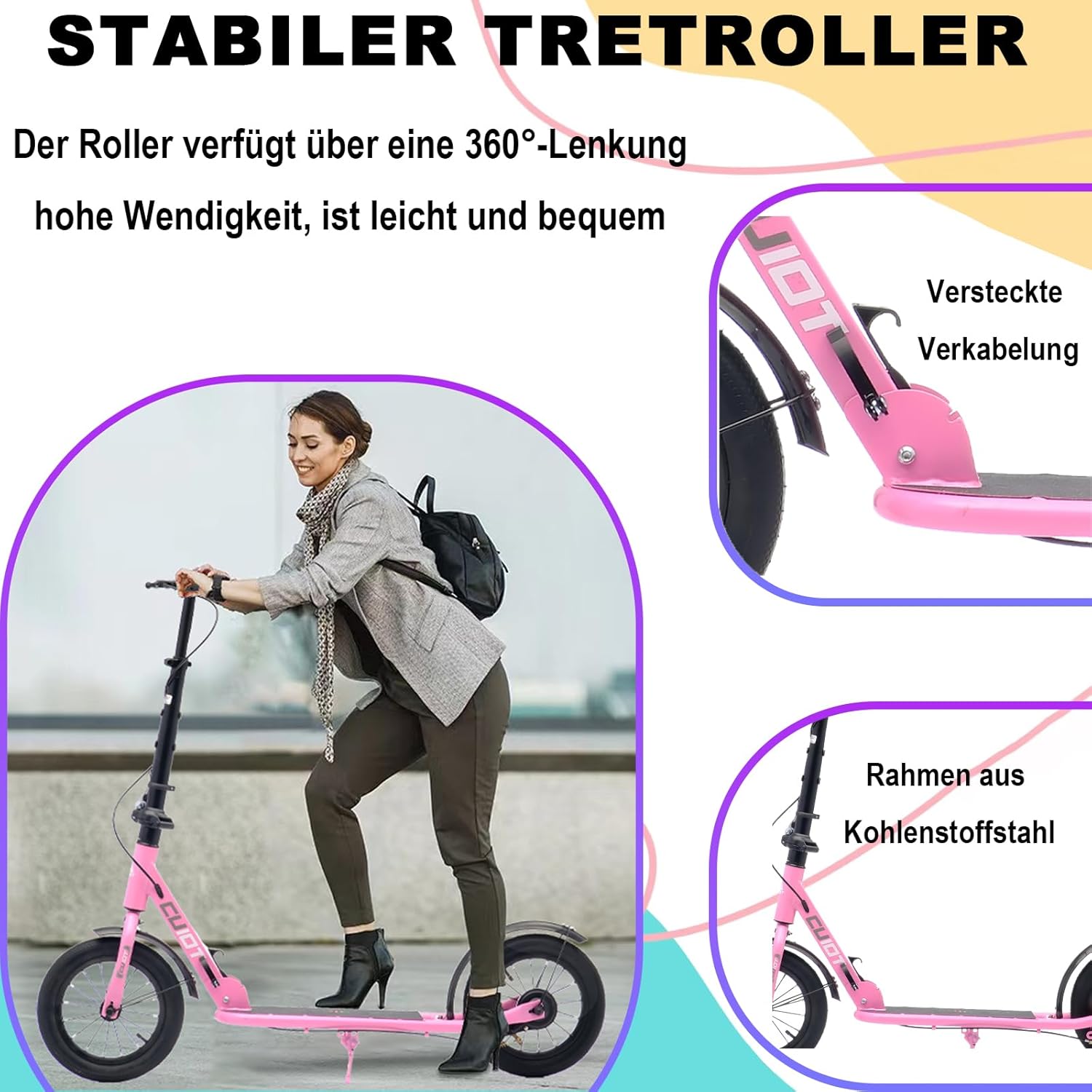 Adult Folding Scooter with Hand and Pedal Brake, 290 mm Wheels PU Big Wheel for Teenagers and Adults up to 150 kg, Height-Adjustable and Foldable City Scooter – Bild 5