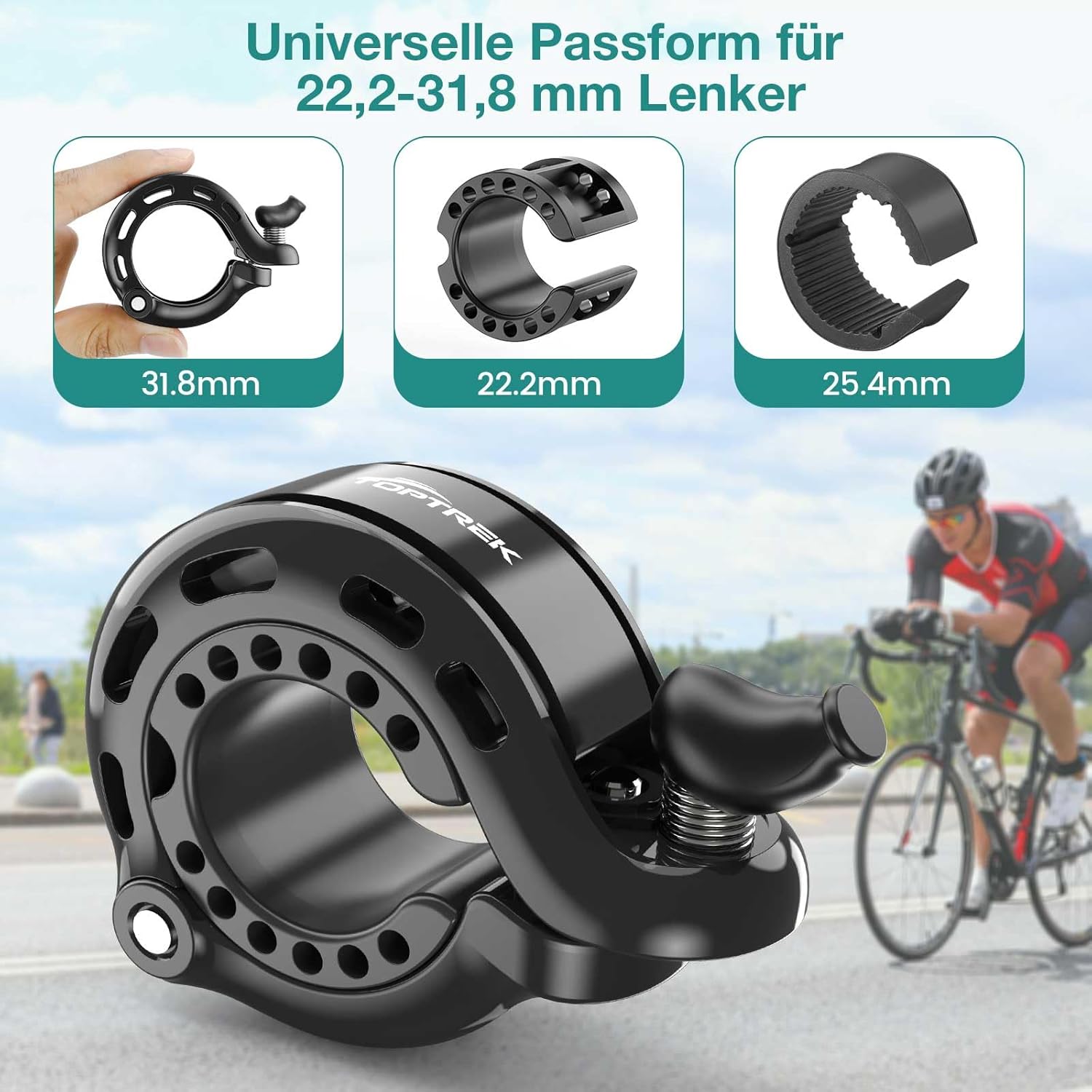 toptrek Bicycle Bell Mountain Bike, Innovative Aluminium Alloy Bell Bicycle, Upgrade 110 dB Bicycle Bell Loud, Bicycle Bell for Road Bike, Ebike, MTB, 22.2-31.8 mm Handlebar – Bild 6
