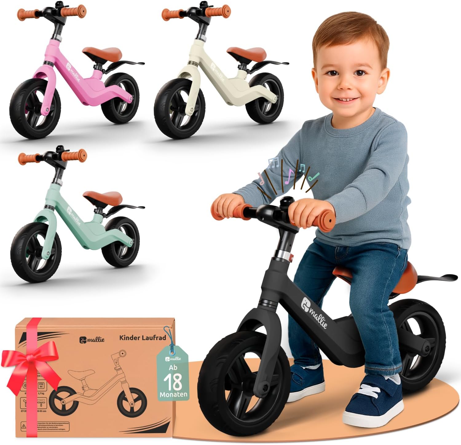 Mallie Safe Children's Balance Bike from 2 Years, Includes Bell and Splash Guard, Adjustable Handlebar and Seat, Balance Bike, for Children from 3 Years, 4 Years, Christmas