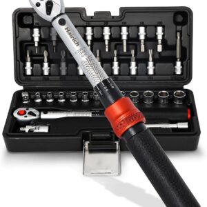 Hairich Torque Wrench Bicycle 1/4 Inch 1-25 Nm, ±3% Accuracy, 72-Tooth Ratchet, 33-Piece Torque Wrench Set with Extension, 1/4″-3/8″ Adapter & Universal Joint, for Bicycle & Motorcycle