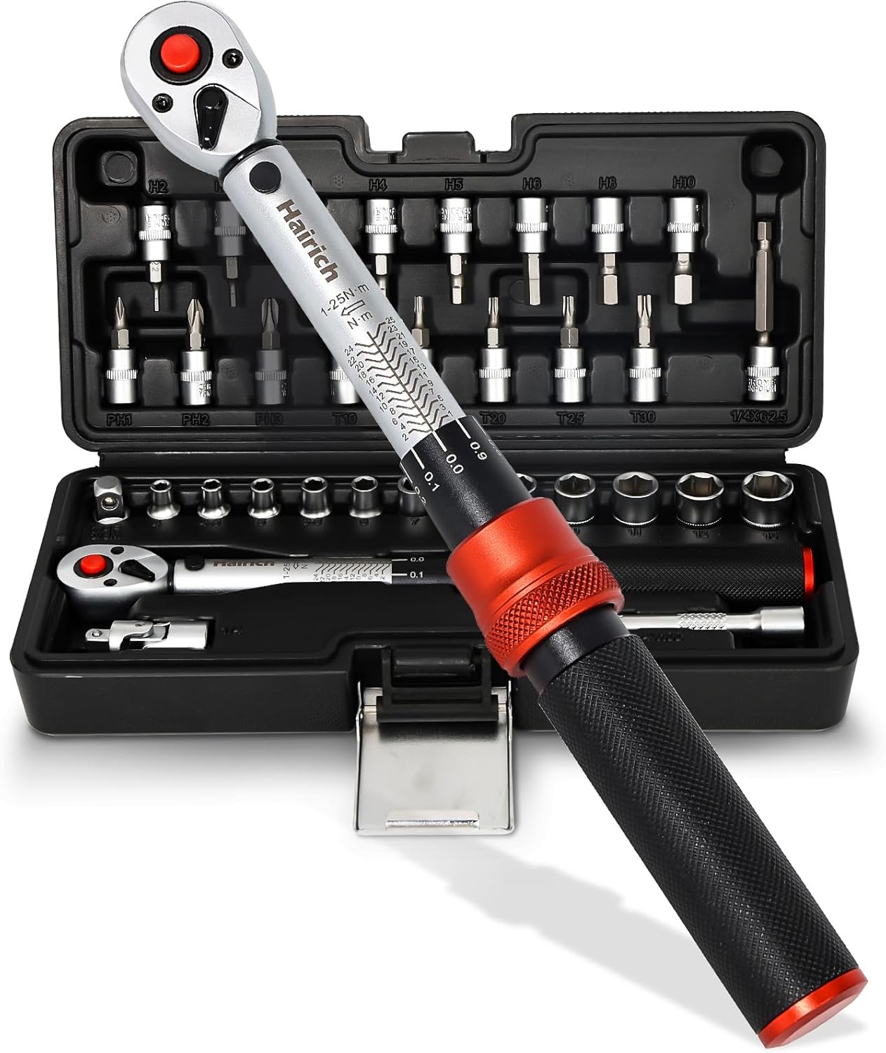 Hairich Torque Wrench Bicycle 1/4 Inch 1-25 Nm, ±3% Accuracy, 72-Tooth Ratchet, 33-Piece Torque Wrench Set with Extension, 1/4"-3/8" Adapter & Universal Joint, for Bicycle & Motorcycle