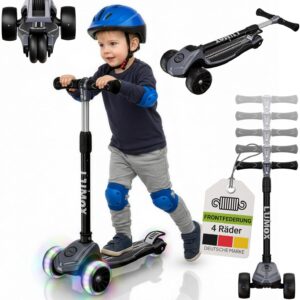 JUSKYS® Lumox Children's Scooter Black/Pink/Blue - LED Wheels, Height-Adjustable Children's Scooter, Foldable & Rear Wheel Brake, Tricycle Scooter