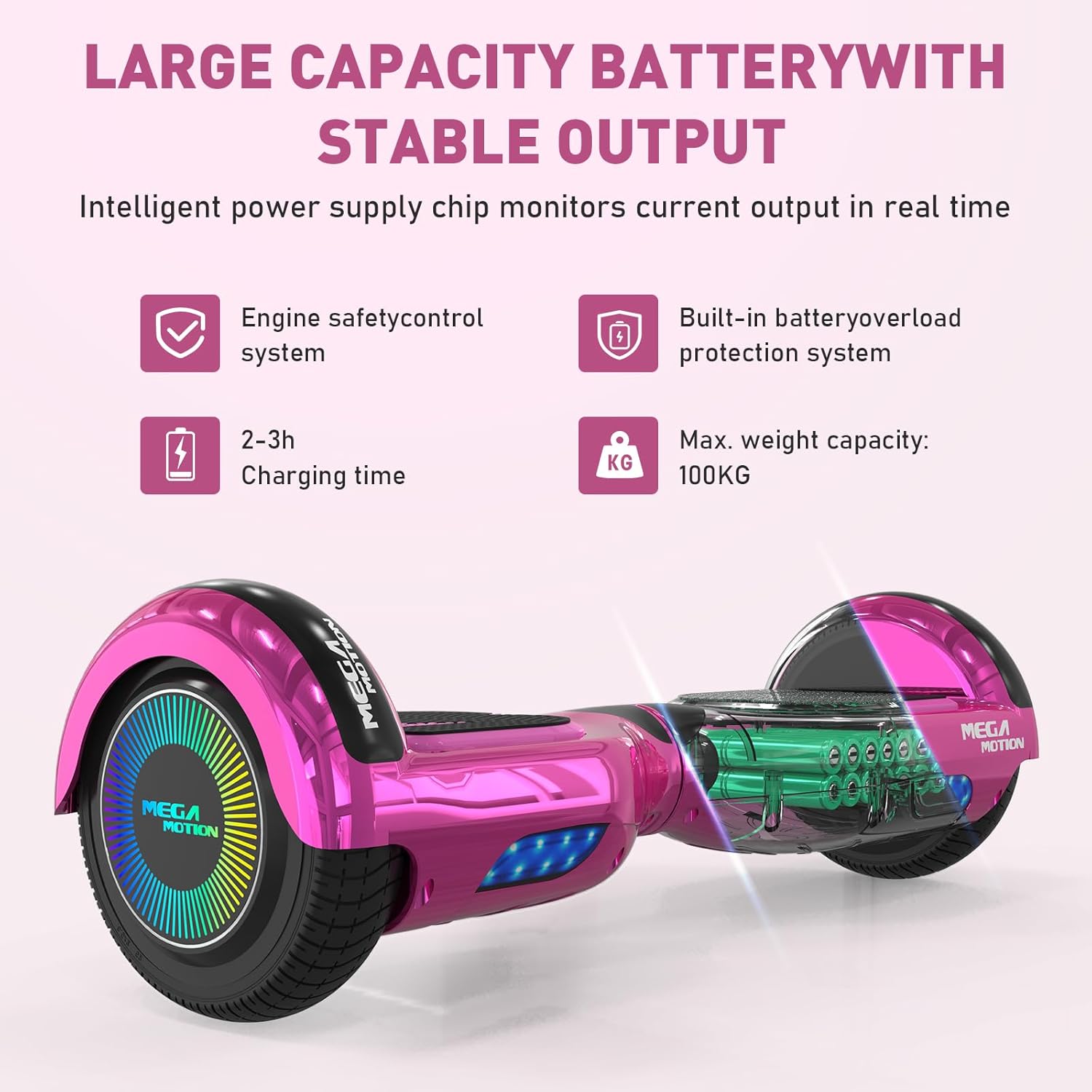 MEGA MOTION Hoverboards für Kinder, 6.5 Zoll Zweirad Selbstbalancierendes Hoverboards mit Bluetooth Lautsprecher, Kommt mit cool leuchtendem Rad, mit LED-Leuchten, Geschenk für Kinder und Jugendliche – Bild 2