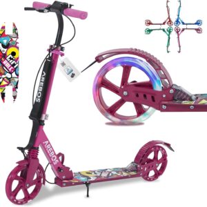Arebos Cityroller Tretroller mit LED | höhenverstellbar | klappbar | inkl. Tragegurt | Hand- & Trittbremse | für Kinder und Erwachsene | bis 100kg belastbar Roller | Kickroller | Kickscooter