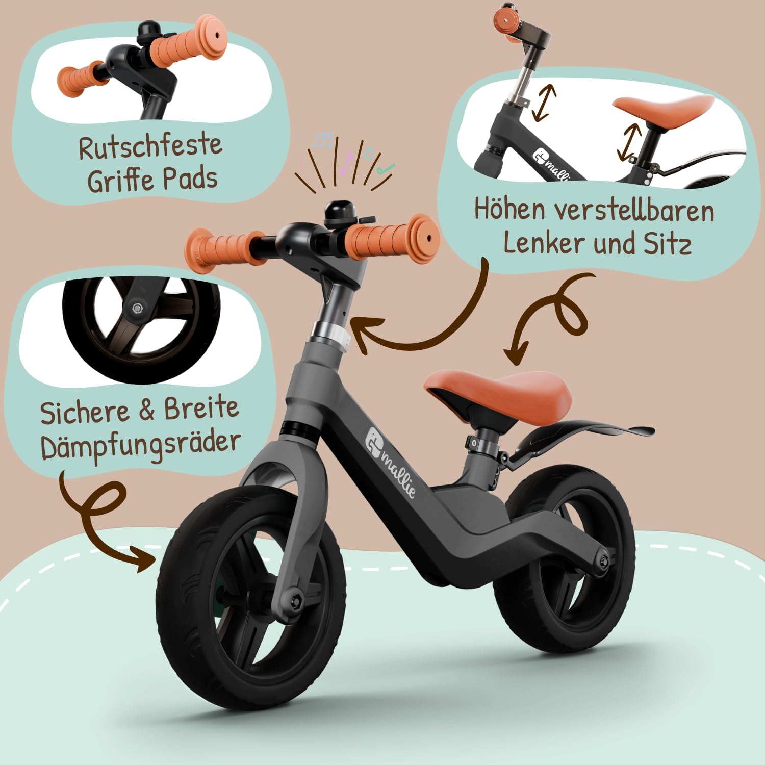 Mallie Safe Children's Balance Bike from 2 Years, Includes Bell and Splash Guard, Adjustable Handlebar and Seat, Balance Bike, for Children from 3 Years, 4 Years, Christmas – Bild 3