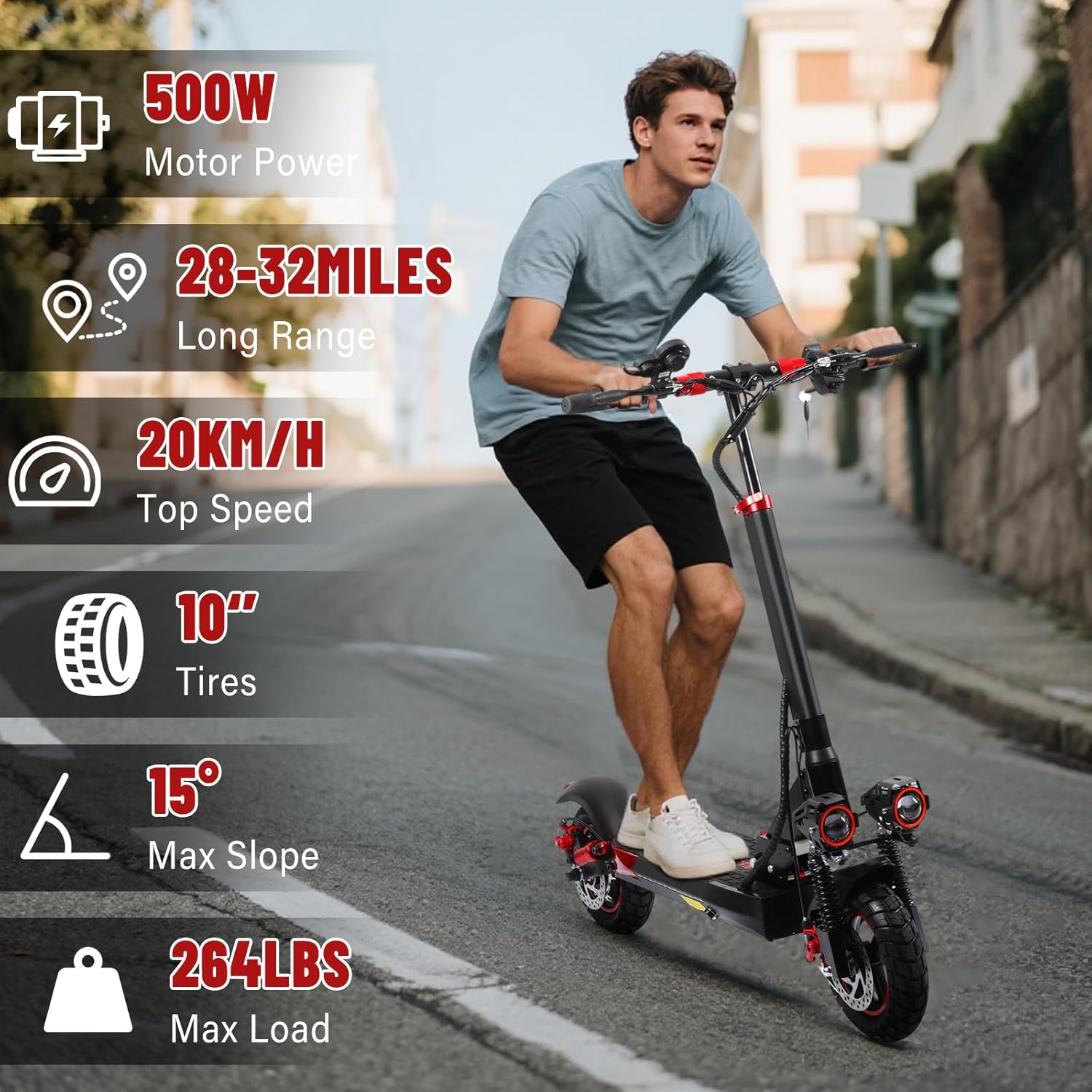Adult Road Legal E-Scooter - 40-55km Range, Max 20km/h, 10" Off-Road Tyres, Height Adjustable Handlebars, Double Disc Brakes, Ideal for Commuter & Birthday Gifts – Bild 2