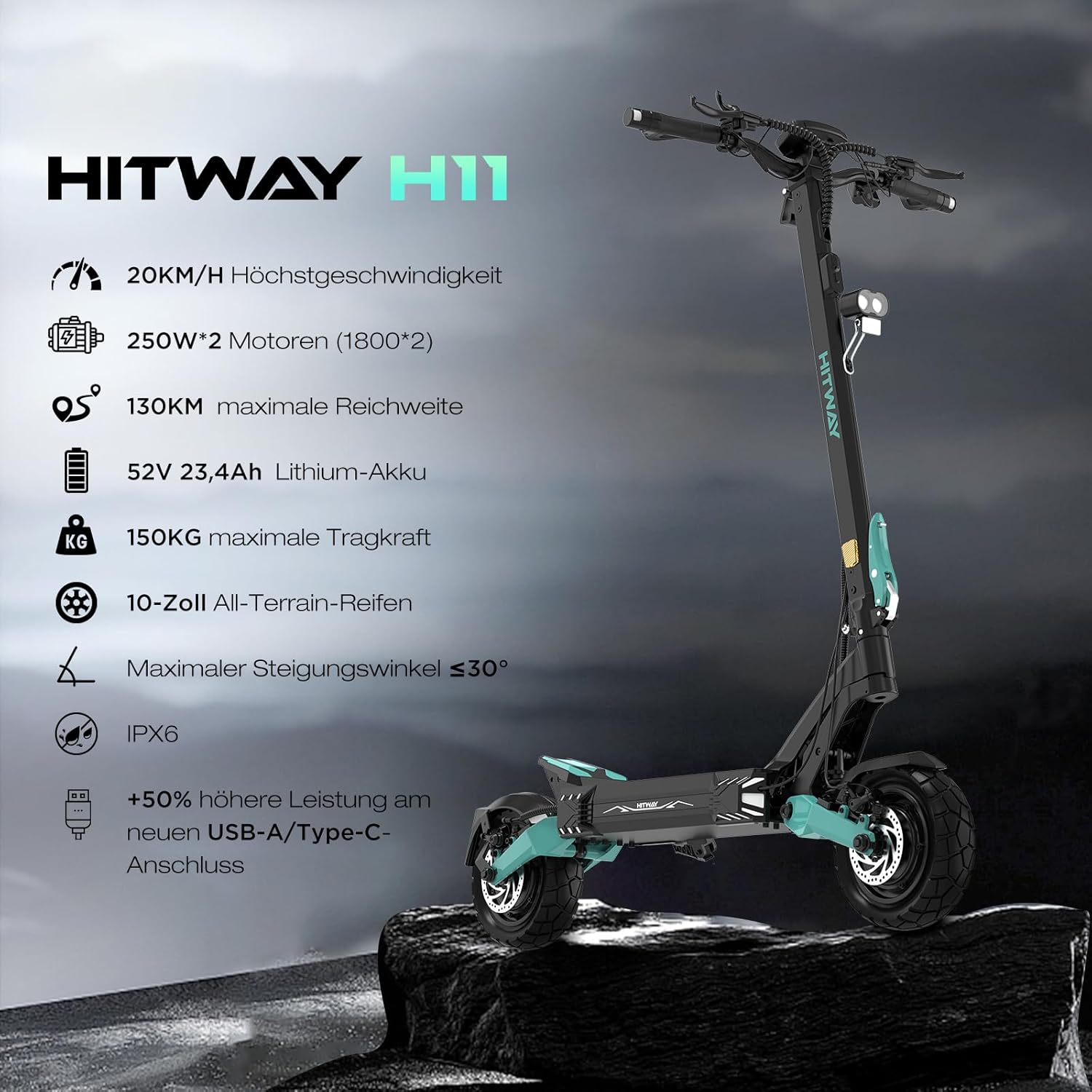 HITWAY H11 E Scooter with Road Legal, 250 W x 2 Motor Tip, 1800 x 2.130 KM, 52 V 23.4 Ah, 10 Inch Off-Road Rubber Tyres, 150 kg Max, Double Shock Absorption, Foldable E Scooter for Adults - with App – Bild 2