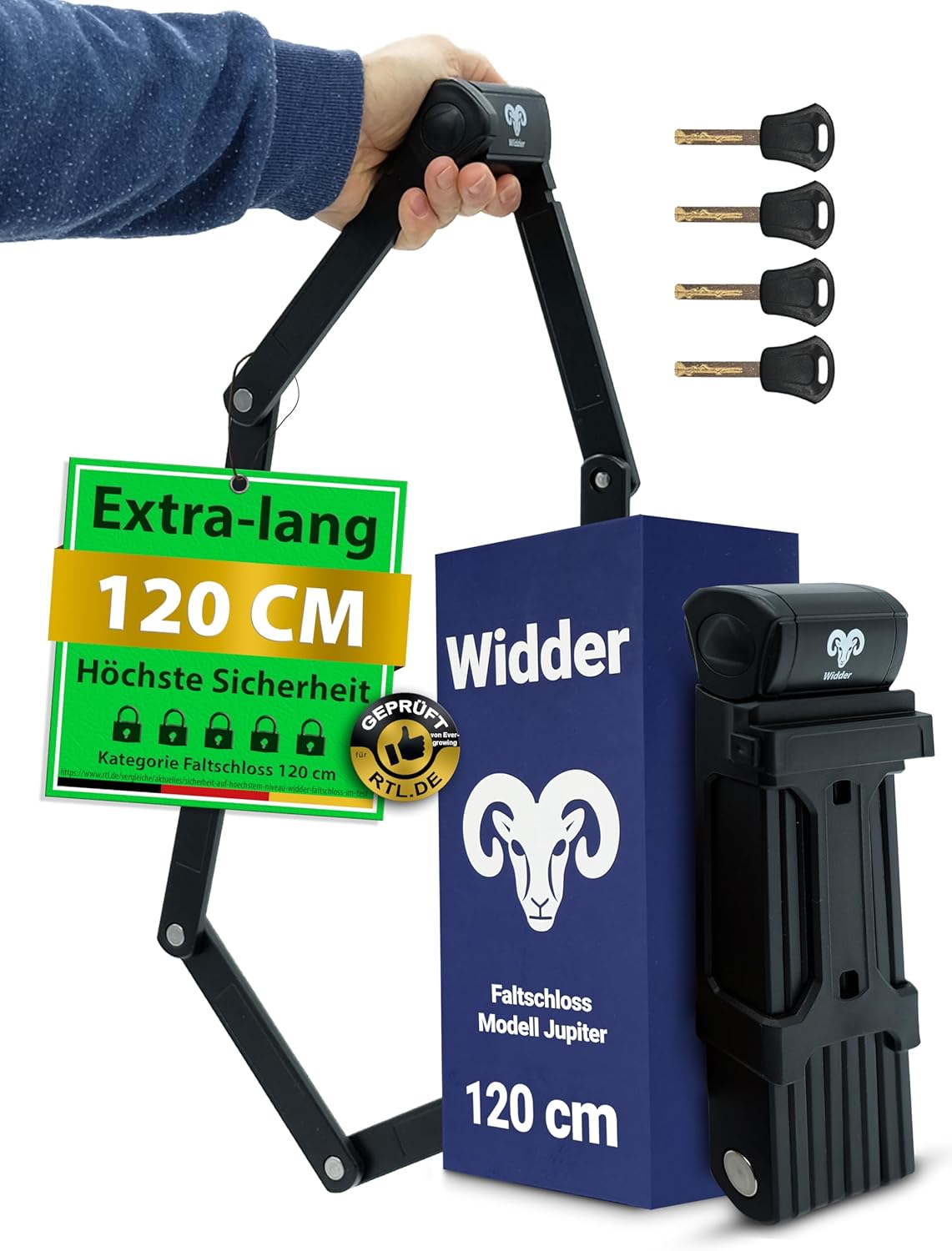 Widder Very Secure Bicycle Lock Folding Lock 120 cm with 4 Keys | Folding Lock Bicycle with Holder | Ideal as an E Bike Lock, E Scooter Lock, Bicycles & Bike Lock