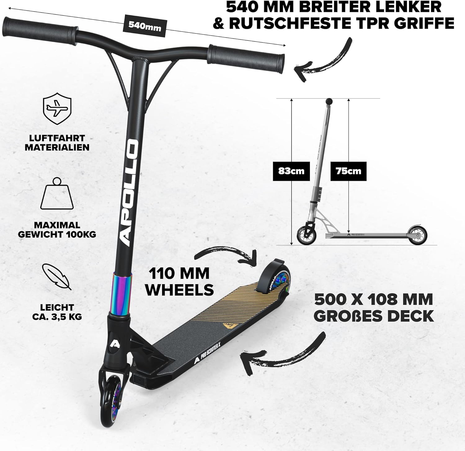 Apollo Stunt Scooter, Genesis Pro X/Pro X Competition, High End Stunt Scooter, ABEC 9 Ball Bearings, Trick Scooter with 110 mm or 120 mm Wheels and Aluminium Core – Bild 2