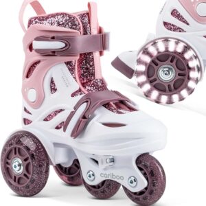 cariboo Roller Skates for Children Inline Skates for Beginners Adjustable 2 Sizes with Learning Wheels Glitter Pink Roller Skates Girls Ballerina