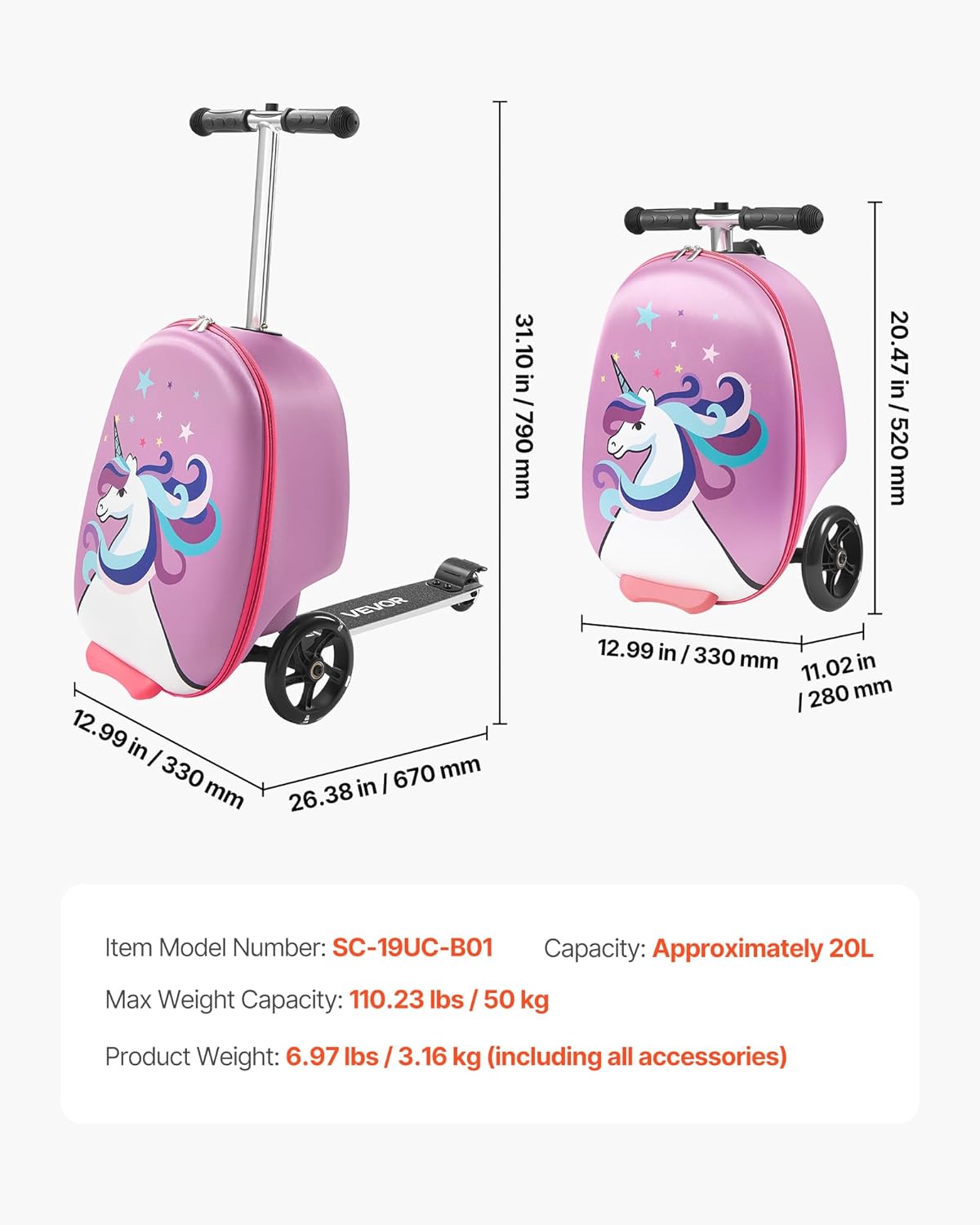 VEVOR Scooter Suitcase, 20L Capacity, Travel Suitcase with Flash PU Wheels, TPR Non-Slip Handle, Max Weight Capacity 50kg, Kids Suitcase, Hand Luggage, for Ages 5 and Above, Purple – Bild 7