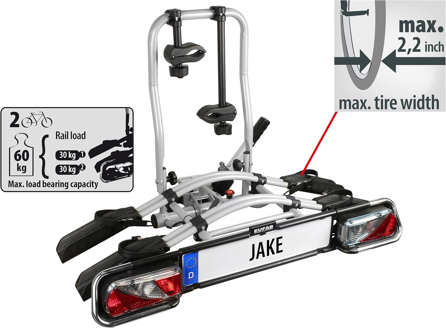 EUFAB Jake 11510 Bicycle Carrier, Suitable for E-Bike, Partially Pre-Assembled, Expandable, Anti-Theft Protection, for 2 Bikes, for Trailer Coupling – Bild 2
