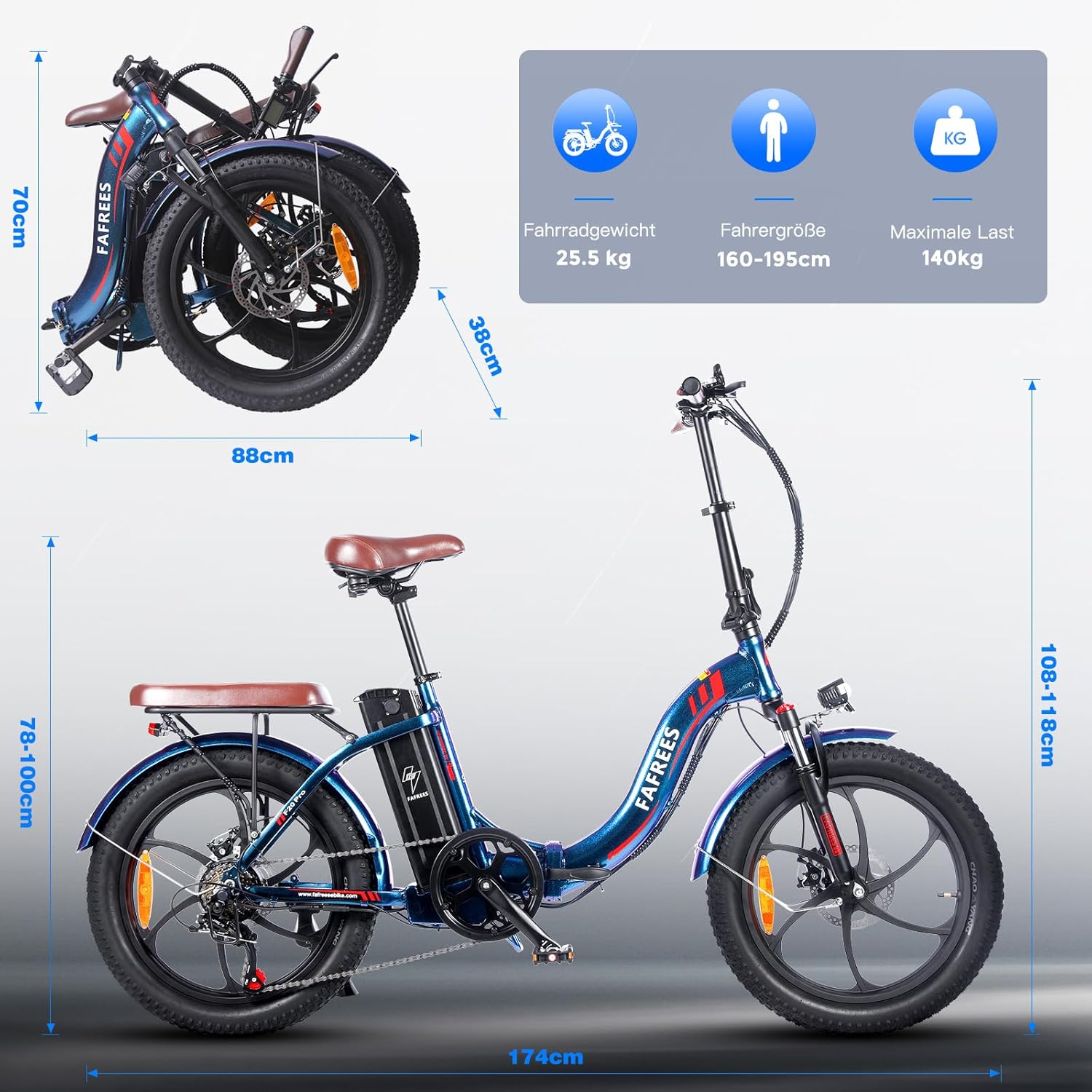 Fafrees F20 PRO E-Bike Folding Bike Electric Bicycle 20 Inch Fat Bike 250 W Motor 36 V 20 Ah Battery 20 x 3.0 Inch Mountain Bike Electric Bicycle 40 Nm – Bild 8