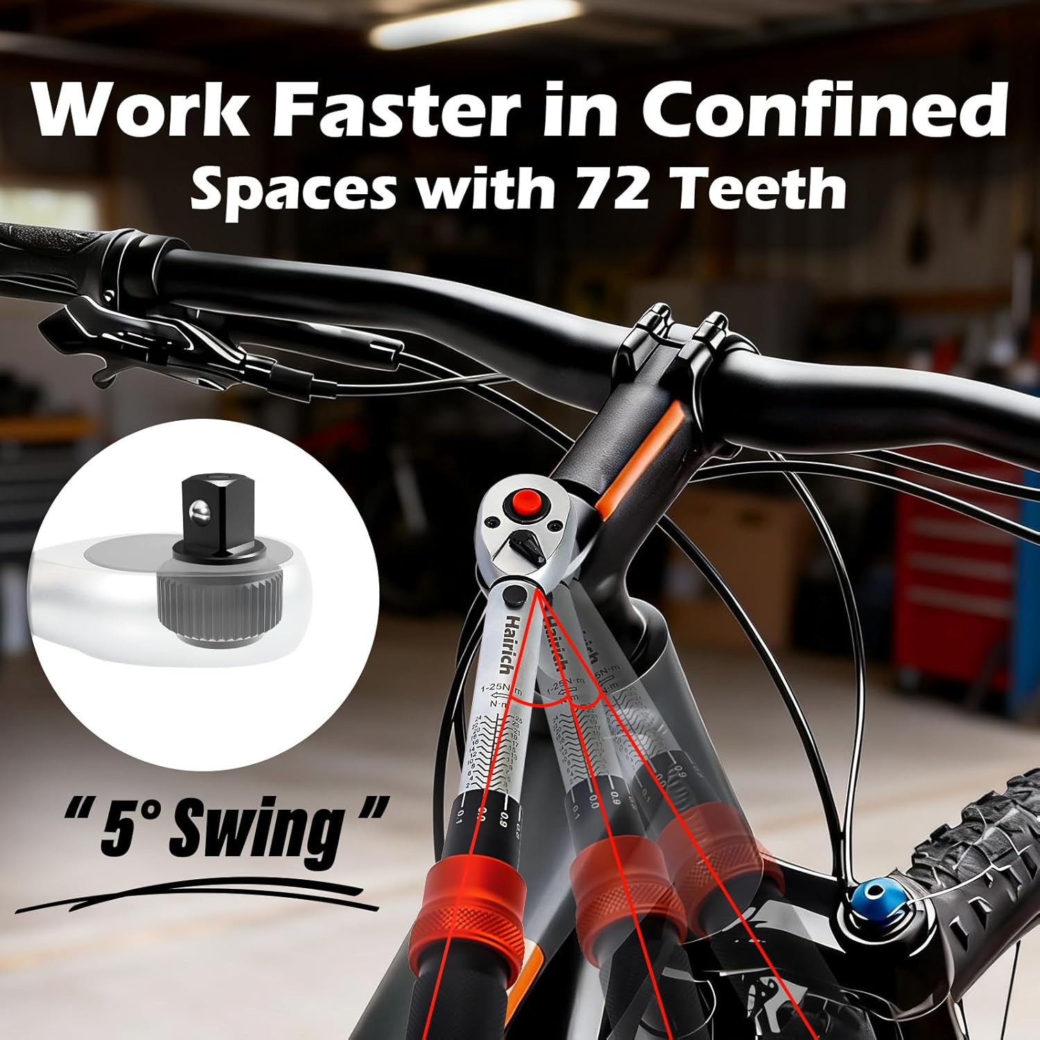 Hairich Torque Wrench Bicycle 1/4 Inch 1-25 Nm, ±3% Accuracy, 72-Tooth Ratchet, 33-Piece Torque Wrench Set with Extension, 1/4"-3/8" Adapter & Universal Joint, for Bicycle & Motorcycle – Bild 4