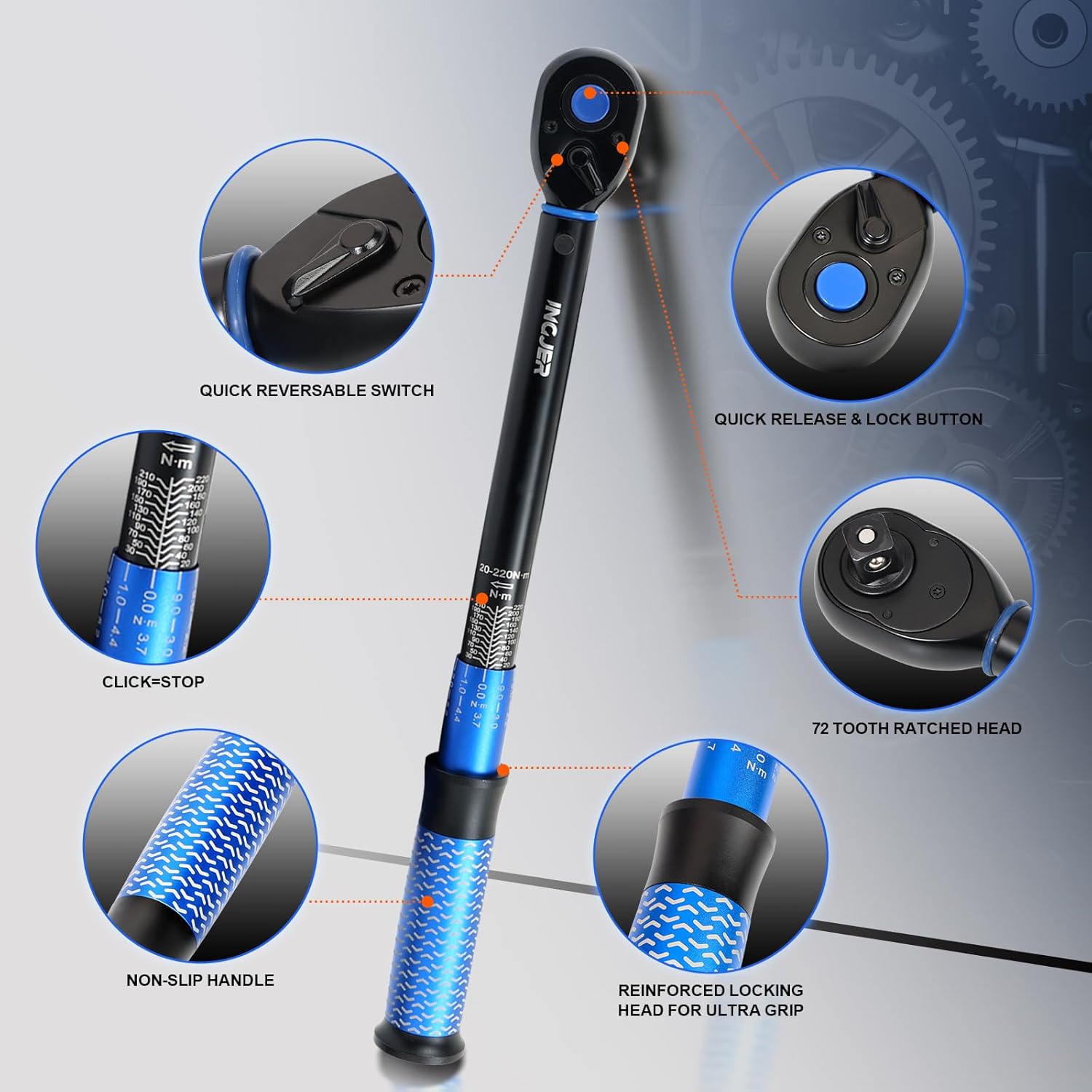 Upgrade 1/2 inch torque wrench car, 20-220 NM adjustable torque wrench bicycle, ±3% error accuracy, torque 1/2 inch, 72 teeth torque wrench for car, torque wrench – Bild 4