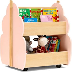 COSTWAY Children’s Bookcase on Wheels, 2 Tier Wooden Toy Shelf, 52 x 46 x 62.5 cm (Pink)