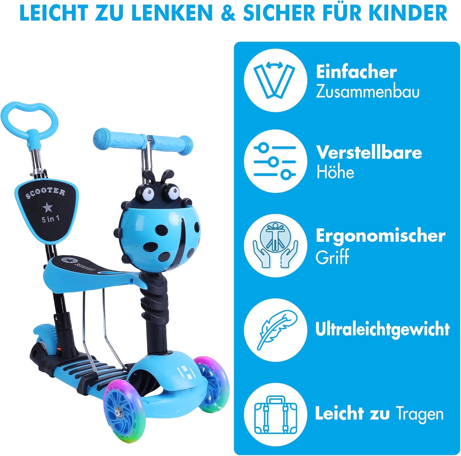 Habib Gruppe 5-in-1 Children's Scooter with Backrest for Boys and Girls - Removable Seat, LED Wheels, Height-Adjustable Handlebars, Scooter - Children's Scooter Outdoor Game, for 2-8 Years Children – Bild 3