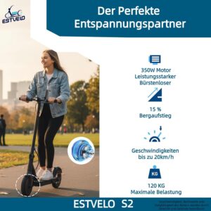 E Scooter S2, Widened Pneumatic Tyres, Max. 20 km/h Speed, 20 km Range, Load up to 120 kg, Regenerative Braking