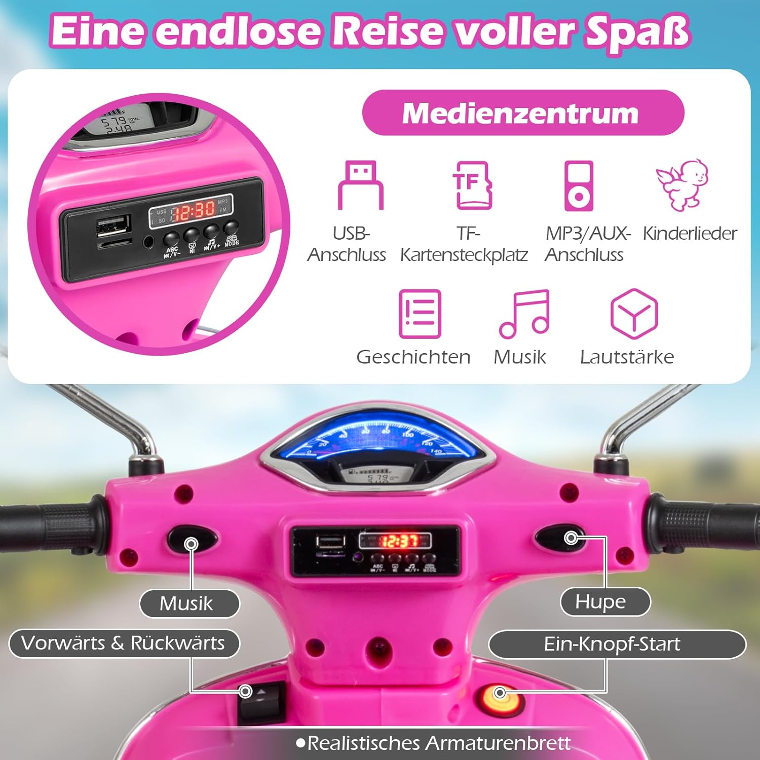 COSTWAY Children's Motorcycle, Electric, Vespa 12 V Motorcycle with LED Headlight and Horn, 2-3 km/h Electric Children's Motorcycle with Stabilisers, Electric Vehicle for Boys and Girls from 3-6 Years (Pink) – Bild 3