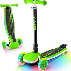 ZIFFY Kids Scooter for Boys & Girls LED Light-Up Wheels, 4 Adjustable Height Handlebars, and Lean-to-Steer Design with Anti-Slip Wide Deck for Stability – Up to 110 lbs