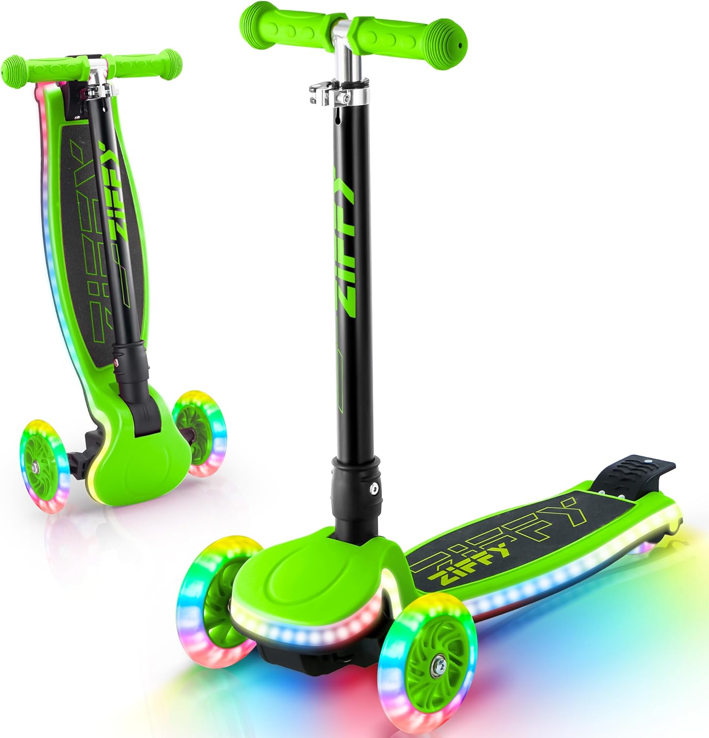 ZIFFY Kids Scooter for Boys & Girls LED Light-Up Wheels, 4 Adjustable Height Handlebars, and Lean-to-Steer Design with Anti-Slip Wide Deck for Stability - Up to 110 lbs
