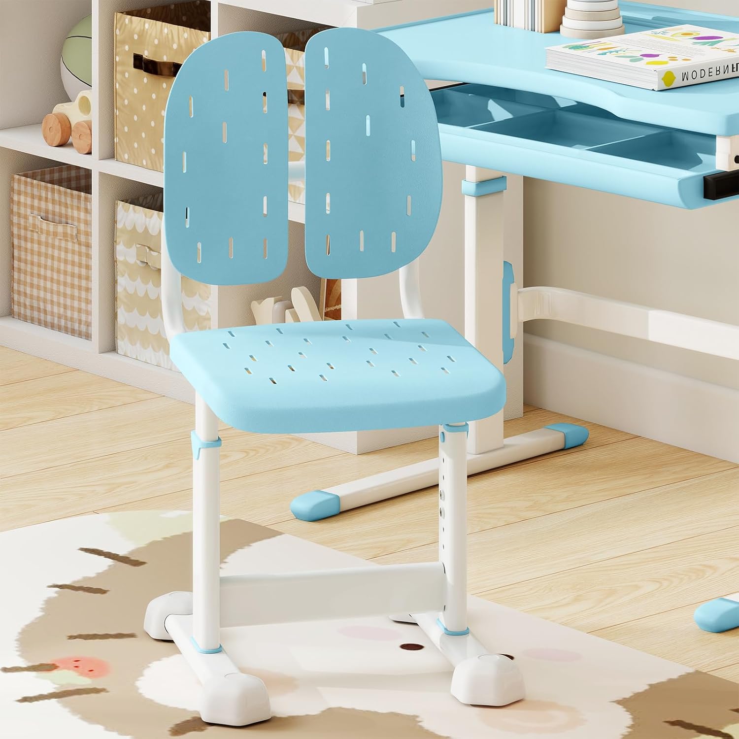 COSTWAY Children's Desk Chair, 29.5-37.5 cm Height Adjustable, Children's Desk Chair with Double Backrest, Armless Office Chair without Wheels, Children's Chair for Boys and Girls from 3 Years (Blue) – Bild 8