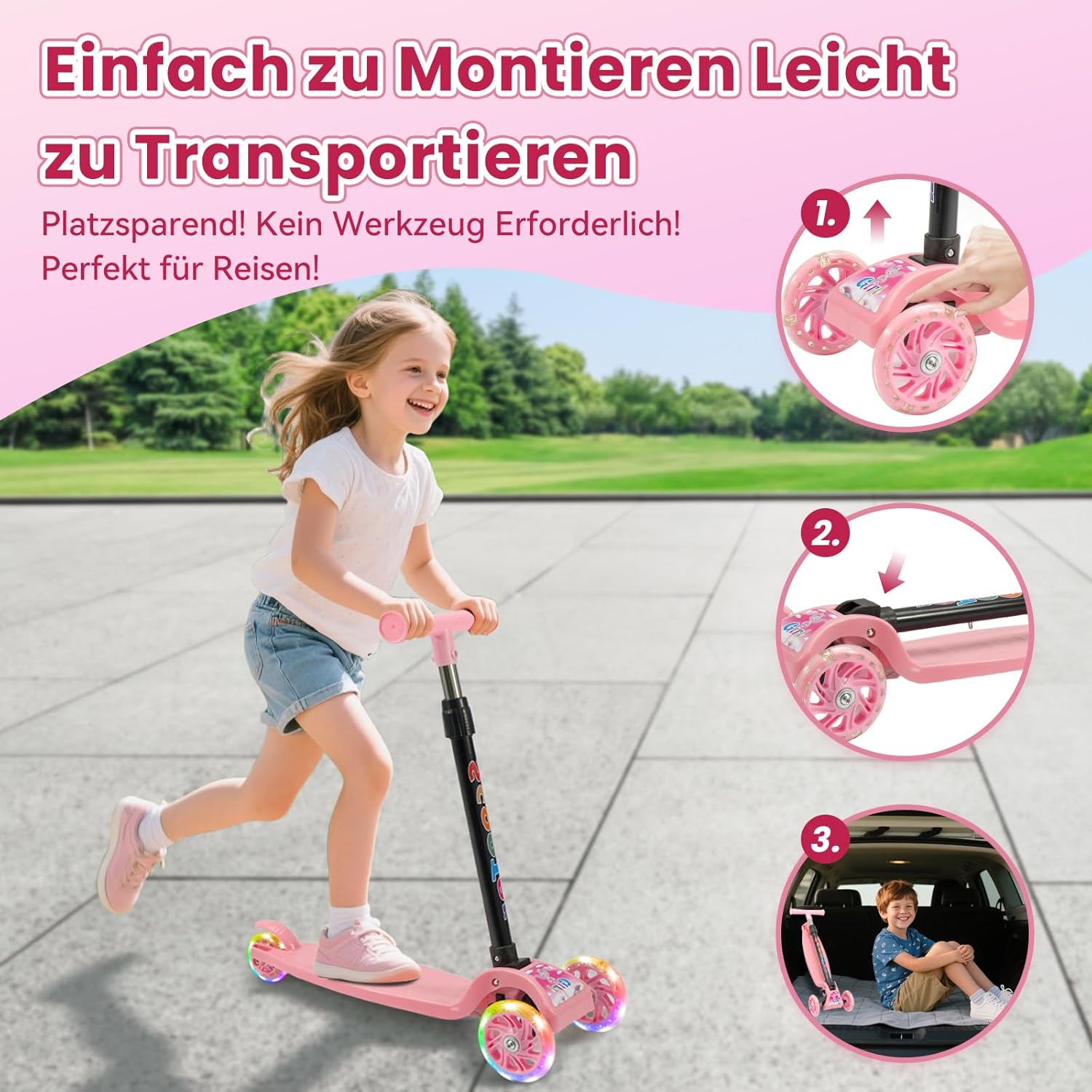 Youyijia Foldable Scooter for Kids, 3 Wheel Scooter with Luminous Wheels, Height Adjustable Handlebar, Luminous Scooter for Boys and Girls – Bild 5