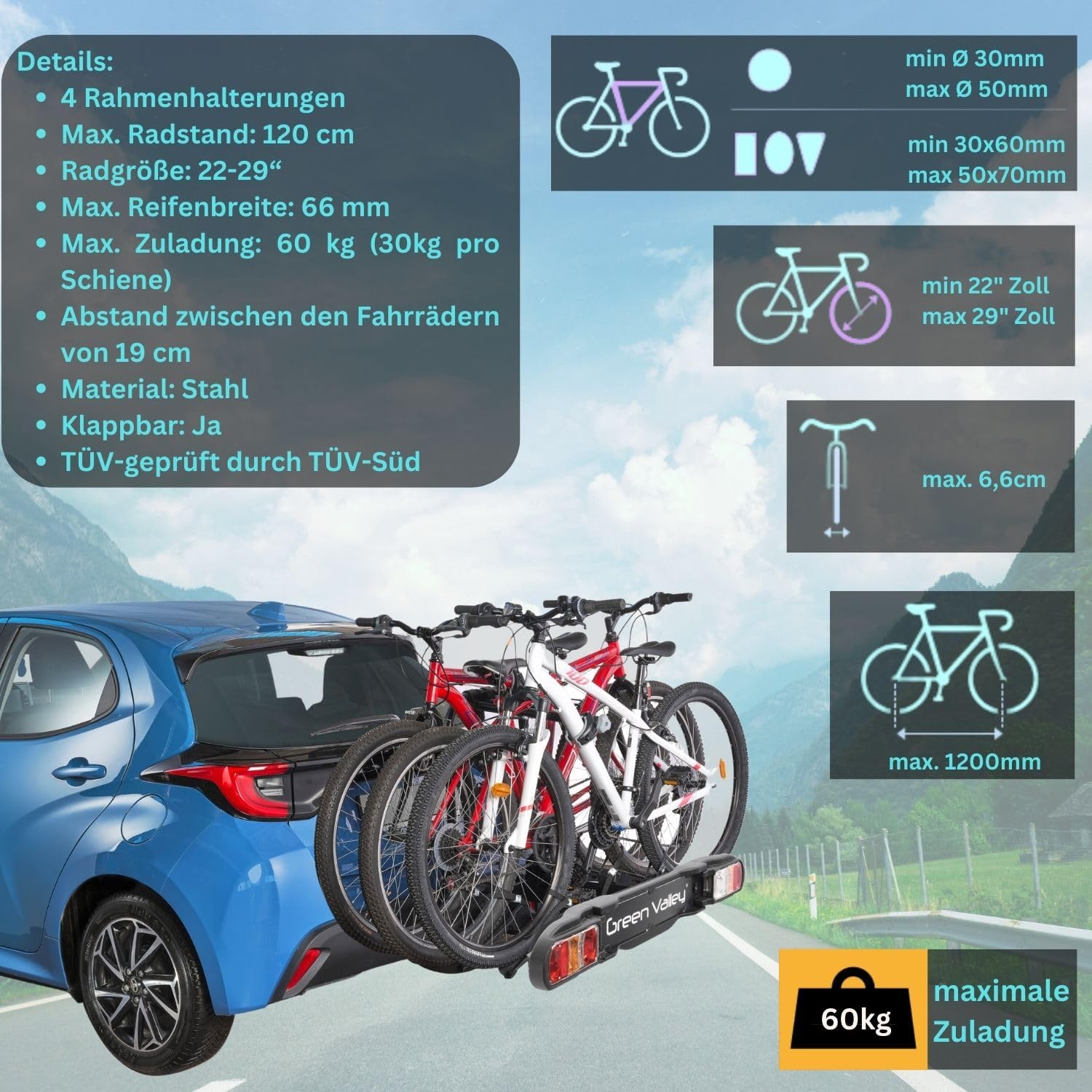 eBike Bicycle Carrier for Towing Hitch Bicycle Rear Carrier Wheel Carrier - Discovery 4 - for 4 Bikes - 60 kg Load - Foldable on Vehicle - Compact Folding Size - – Bild 6
