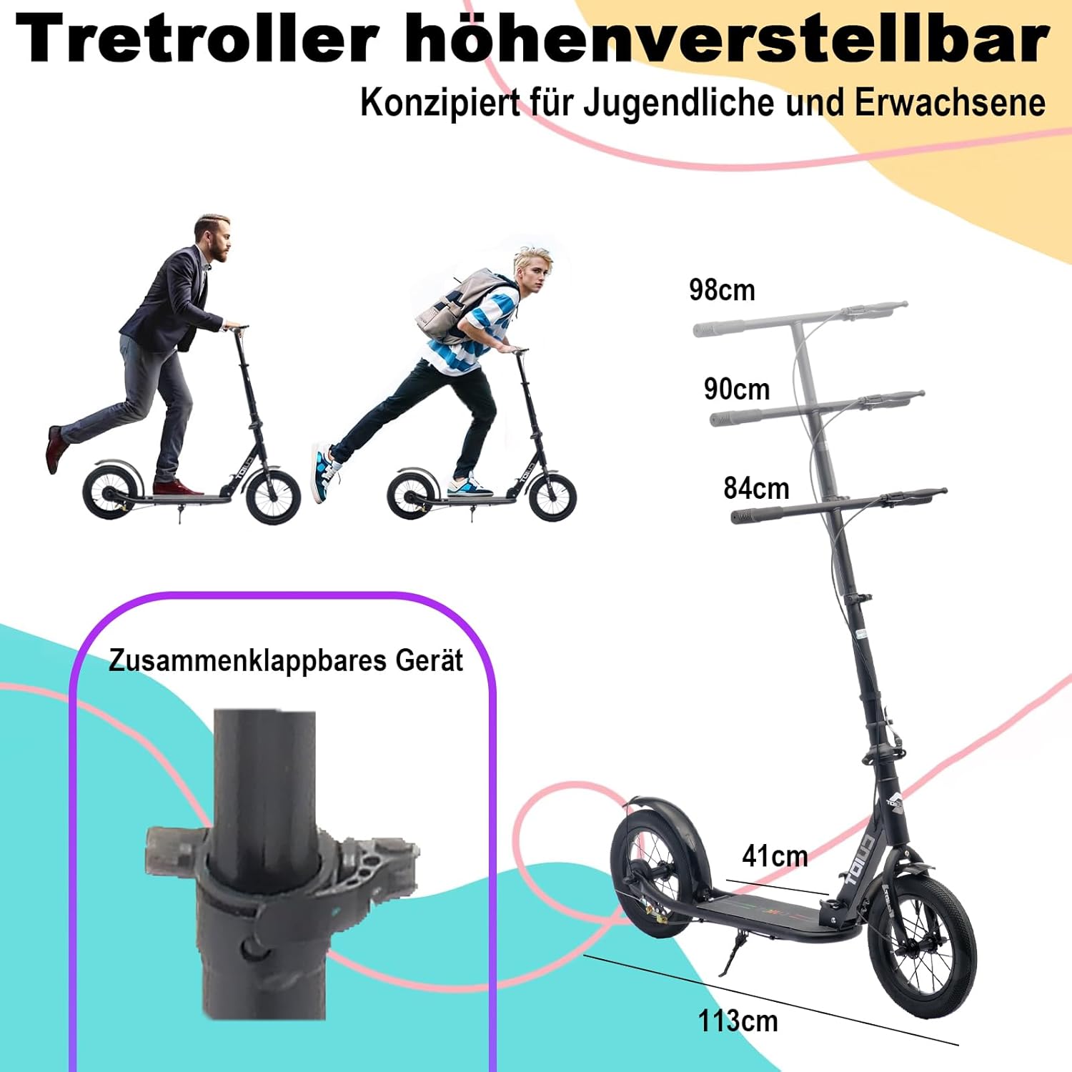 Adult Folding Scooter with Hand and Pedal Brake, 290 mm Wheels PU Big Wheel for Teenagers and Adults up to 150 kg, Height-Adjustable and Foldable City Scooter – Bild 7