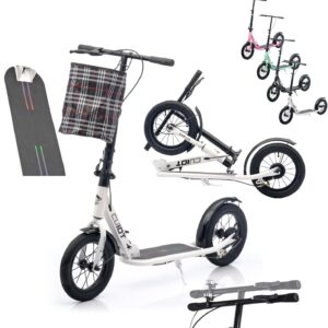 Scooter for Adults and Teenagers, Height-Adjustable Folding Scooter with Basket, Scooter Air Tyres with Handbrake and Foot Brake, up to 150 kg, Ideal Choice for Commuters and Travellers