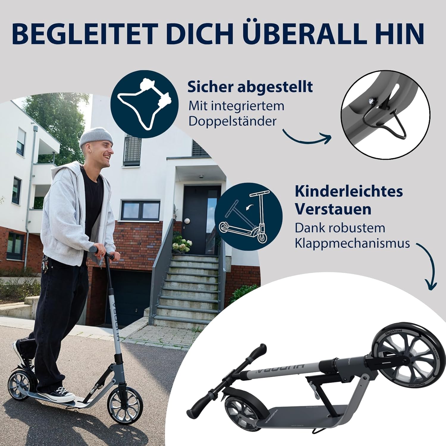 HUDORA BigWheel 230 Advanced Scooter - Sturdy Aluminium Scooter for up to 120 kg - Quiet & Foldable City Scooter with Stand & Bell - Kick Scooter for Children/Teenagers & Adults – Bild 4