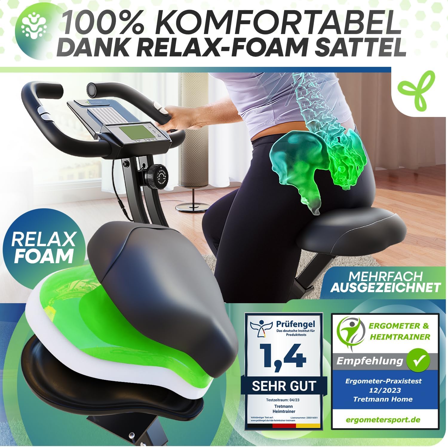 Tretmann Home Trainer Bicycle Folding Set Extra Comfortable & Quiet RelaxFoam up to 150 kg Load Capacity Ergometer, Exercise Bike, Ergometer Exercise Bike Seniors, Fitness Bikes – Bild 2